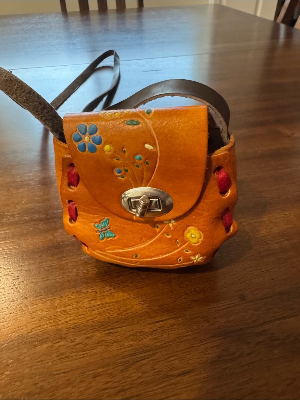 Vintage Artisan Hand-Tooled & Hand-Painted Mexican Leather Mini Crossbody Bag